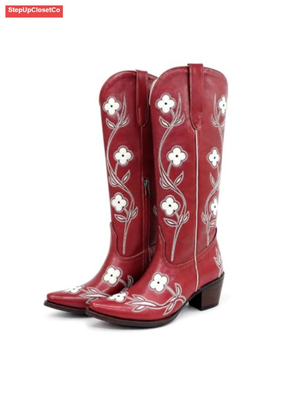 Women's Knee High Cowboy Boots Embroidered Chunky Heel Faux Leather